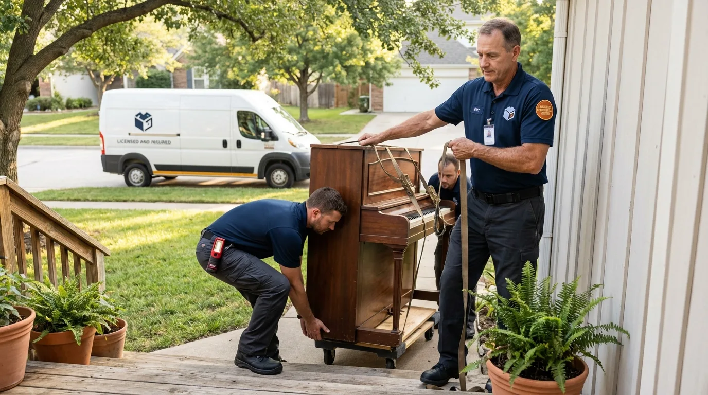 Licensed piano movers securing grand piano in Manning, IA