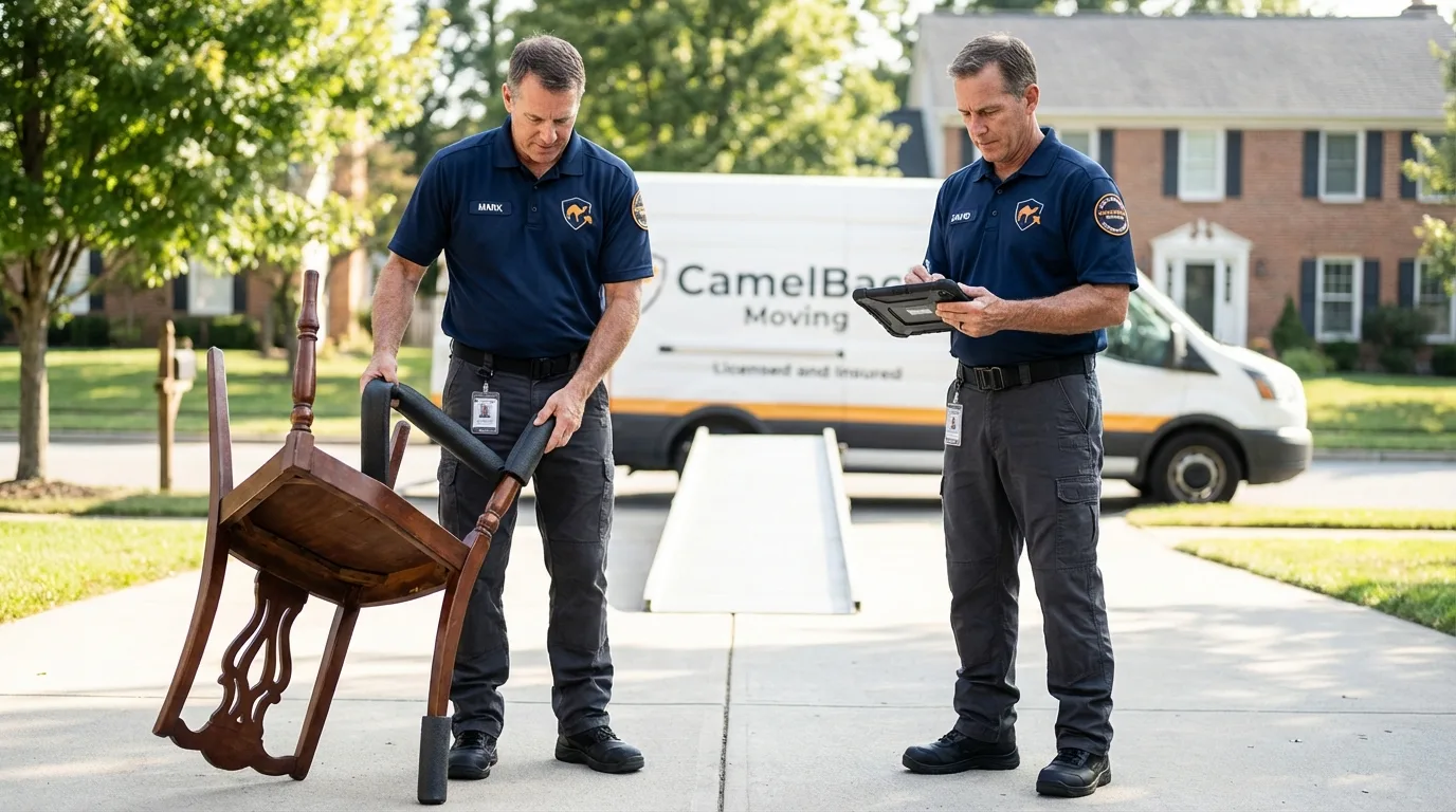 Movers inspecting furniture for damage prevention before loading in Manning, IA